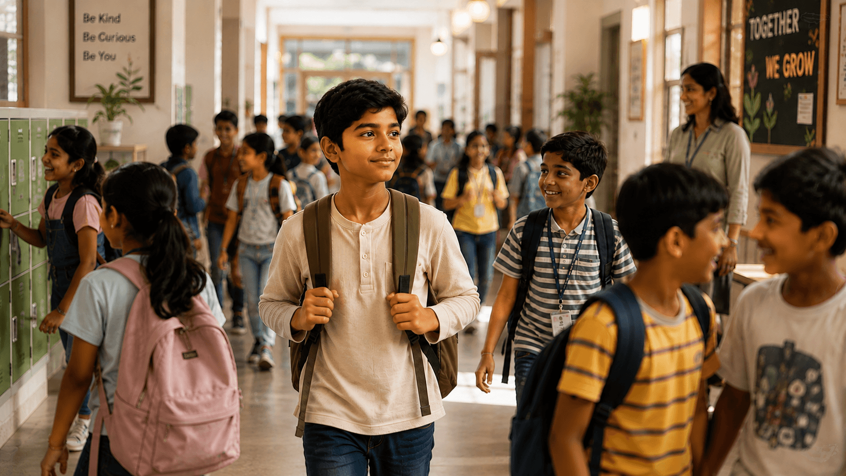 A crowded school corridor with several children moving in different directions